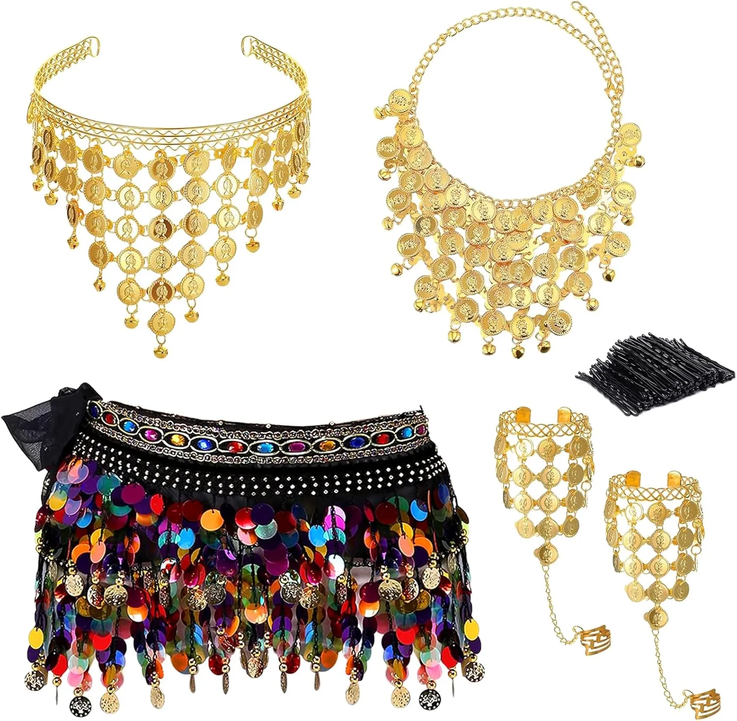 5Pcs Gypsy Costume Set,Belly Dance Hip Scarf with Sequins,Gypsy Headpiece,Gold Coins Necklace,2 Gold Triangle Chain Bracelets,50 Bobby Pins,Belly Dancer Outfit Accessories for Women