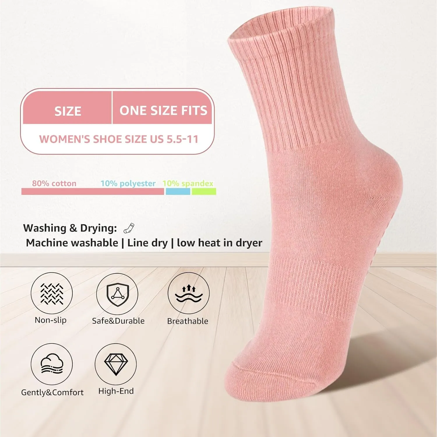 6 Pairs Pilates Socks for Women with Non Slip Grippers, Yoga Crew Socks for Barre Hospital Sticky Slipper Socks