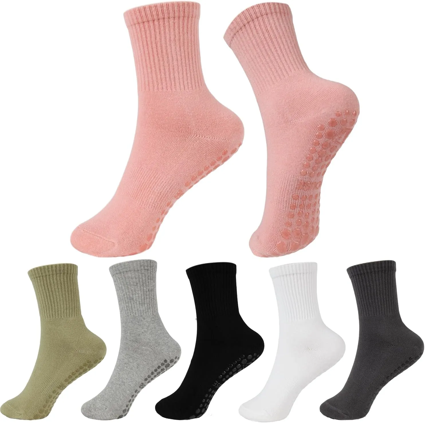 6 Pairs Pilates Socks for Women with Non Slip Grippers, Yoga Crew Socks for Barre Hospital Sticky Slipper Socks