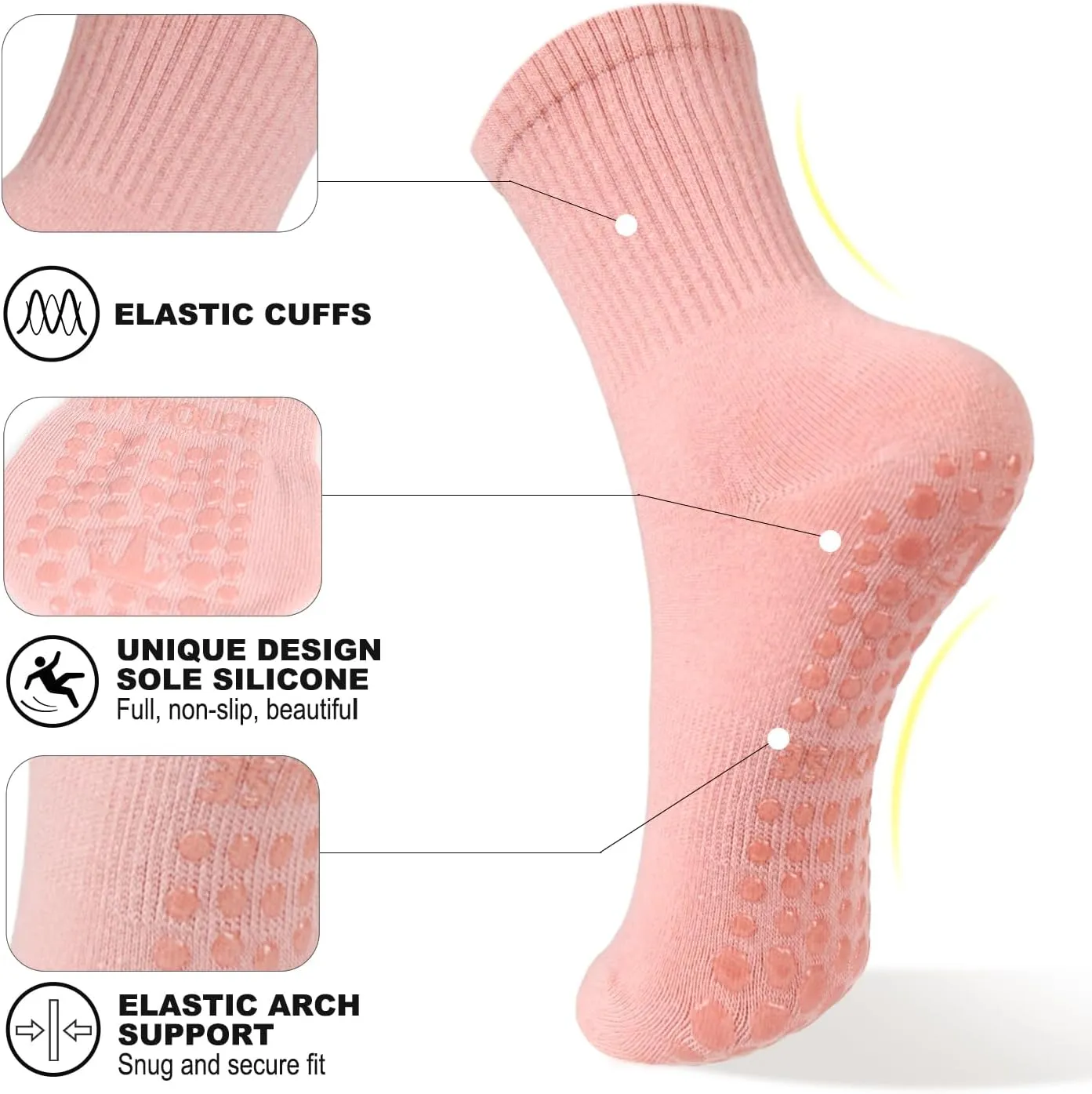 6 Pairs Pilates Socks for Women with Non Slip Grippers, Yoga Crew Socks for Barre Hospital Sticky Slipper Socks