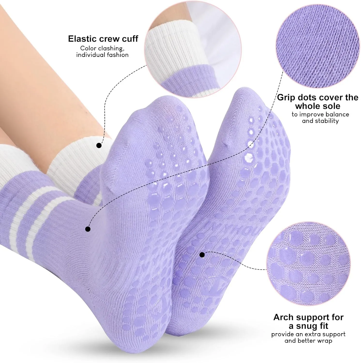 6 Pairs Pilates Socks for Women with Non Slip Grippers, Yoga Crew Socks for Barre Hospital Sticky Slipper Socks