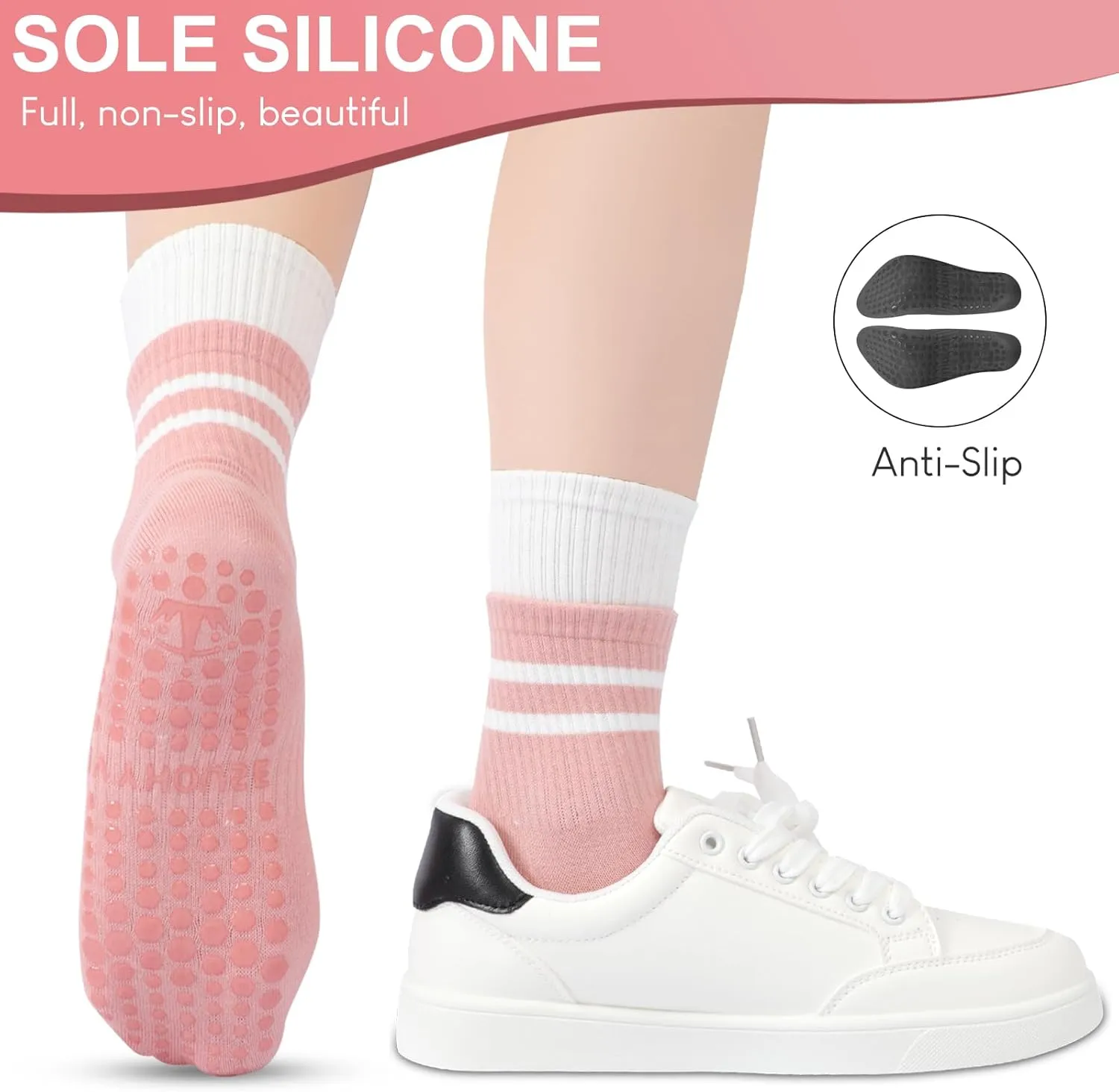 6 Pairs Pilates Socks for Women with Non Slip Grippers, Yoga Crew Socks for Barre Hospital Sticky Slipper Socks