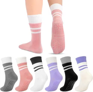 6 Pairs Pilates Socks for Women with Non Slip Grippers, Yoga Crew Socks for Barre Hospital Sticky Slipper Socks