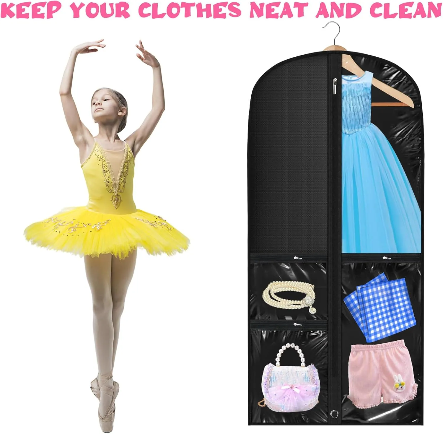 6 Pcs 24'' x 50'' Clear PVC Garment Bag Dance Costume Competition Bag with Rack Zippers Pockets Hanging Garment Covers Costume Organizer Costume Carrier for Adults Kids(Black)