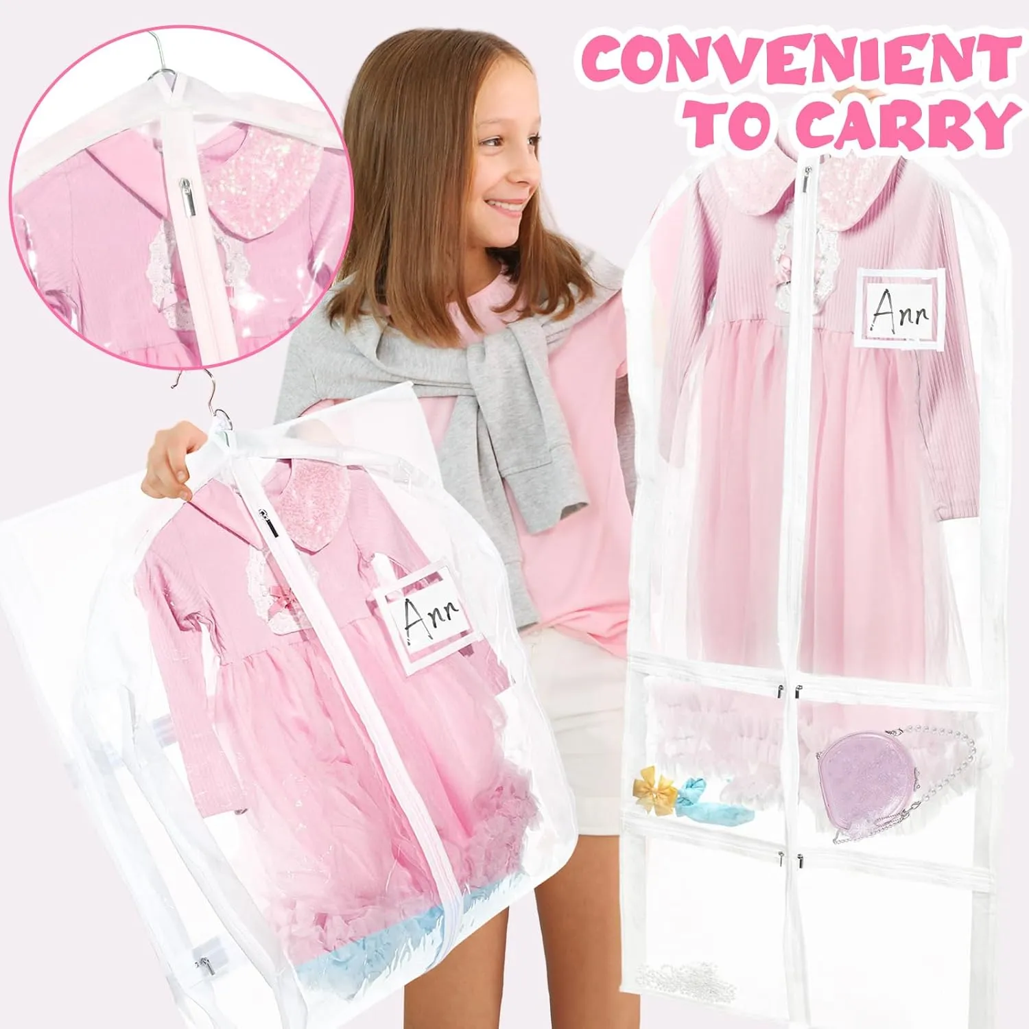 6 Pcs 24'' x 50'' Clear PVC Garment Bag Dance Costume Competition Bag with Rack Zippers Pockets Hanging Garment Covers Costume Organizer Costume Carrier for Adults Kids(Transparent White)