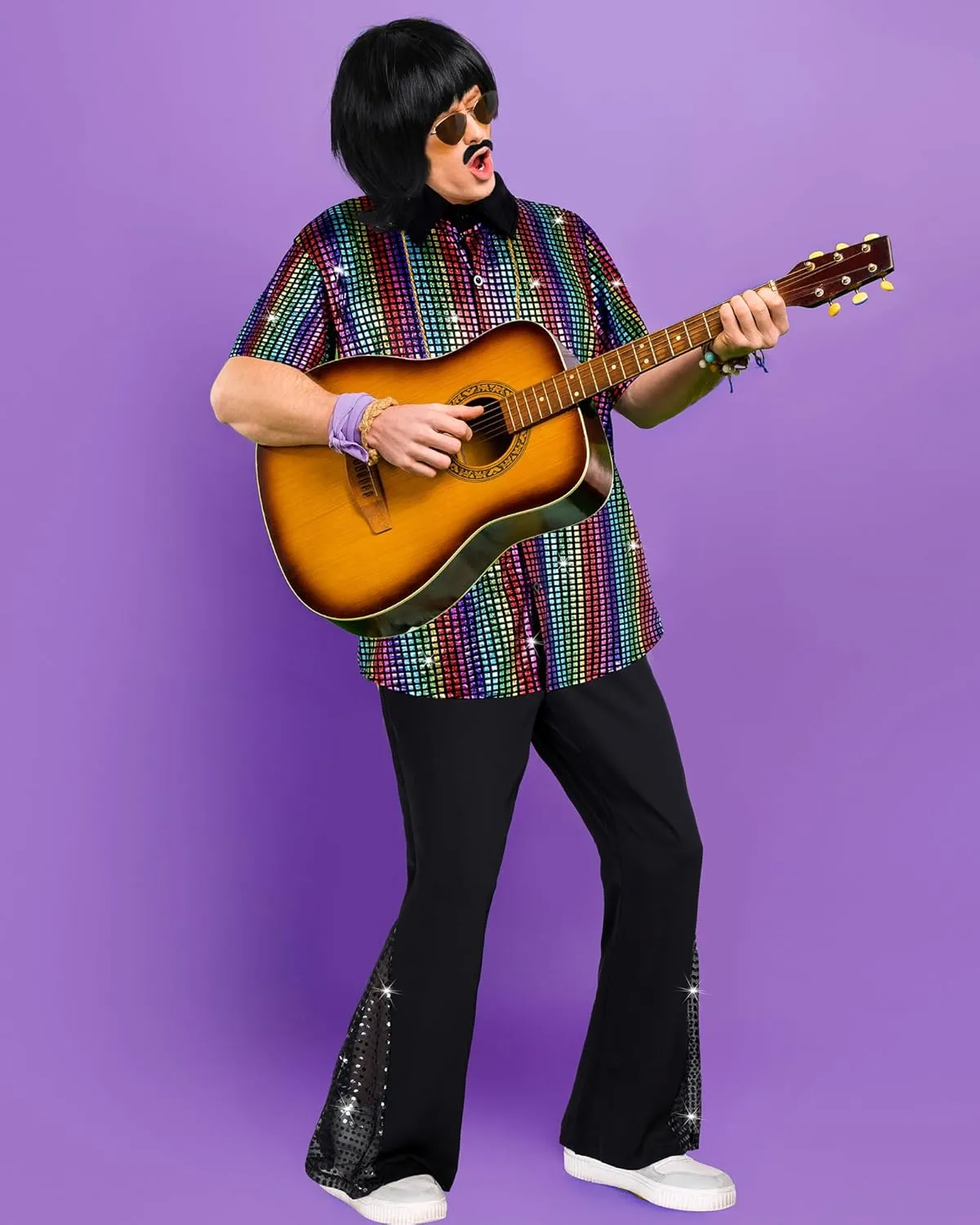 6 PCS Men's 70s Disco Outfit Costume Retro 80s Bell Bottom Pants short Sleeve Shirts Wigs Necklace Moustache Sunglasses