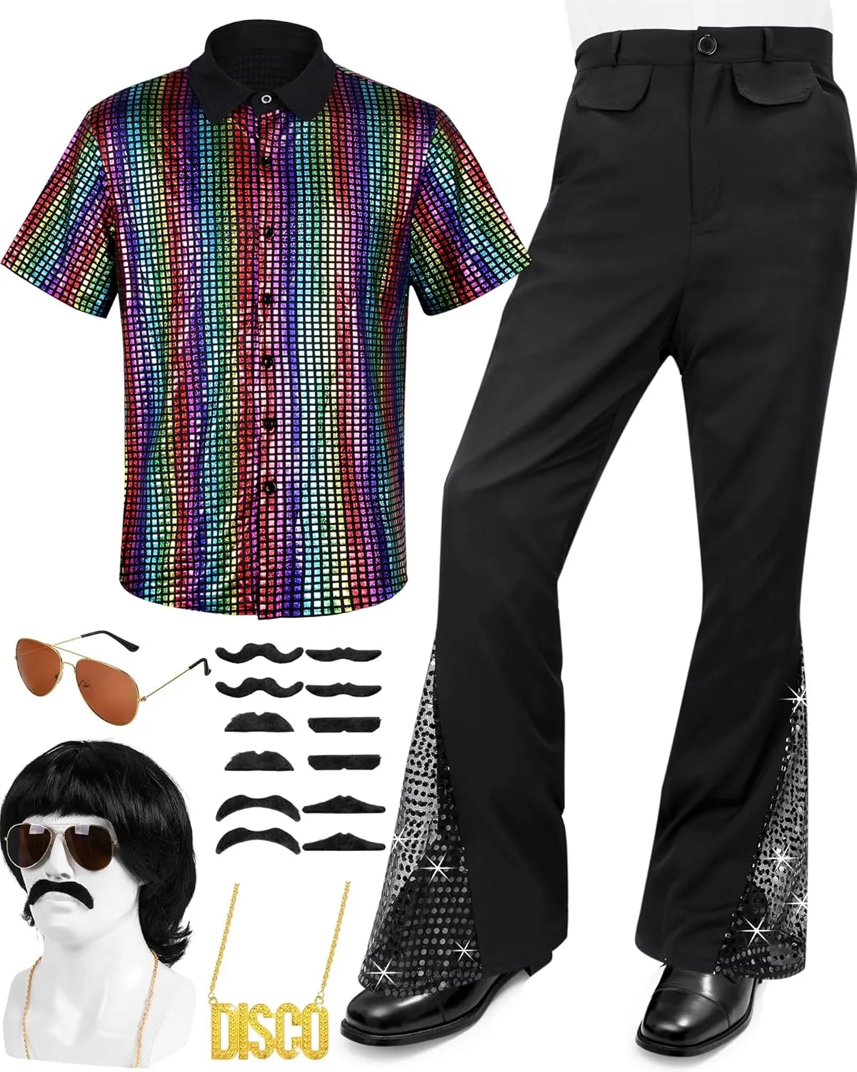 6 PCS Men's 70s Disco Outfit Costume Retro 80s Bell Bottom Pants short Sleeve Shirts Wigs Necklace Moustache Sunglasses
