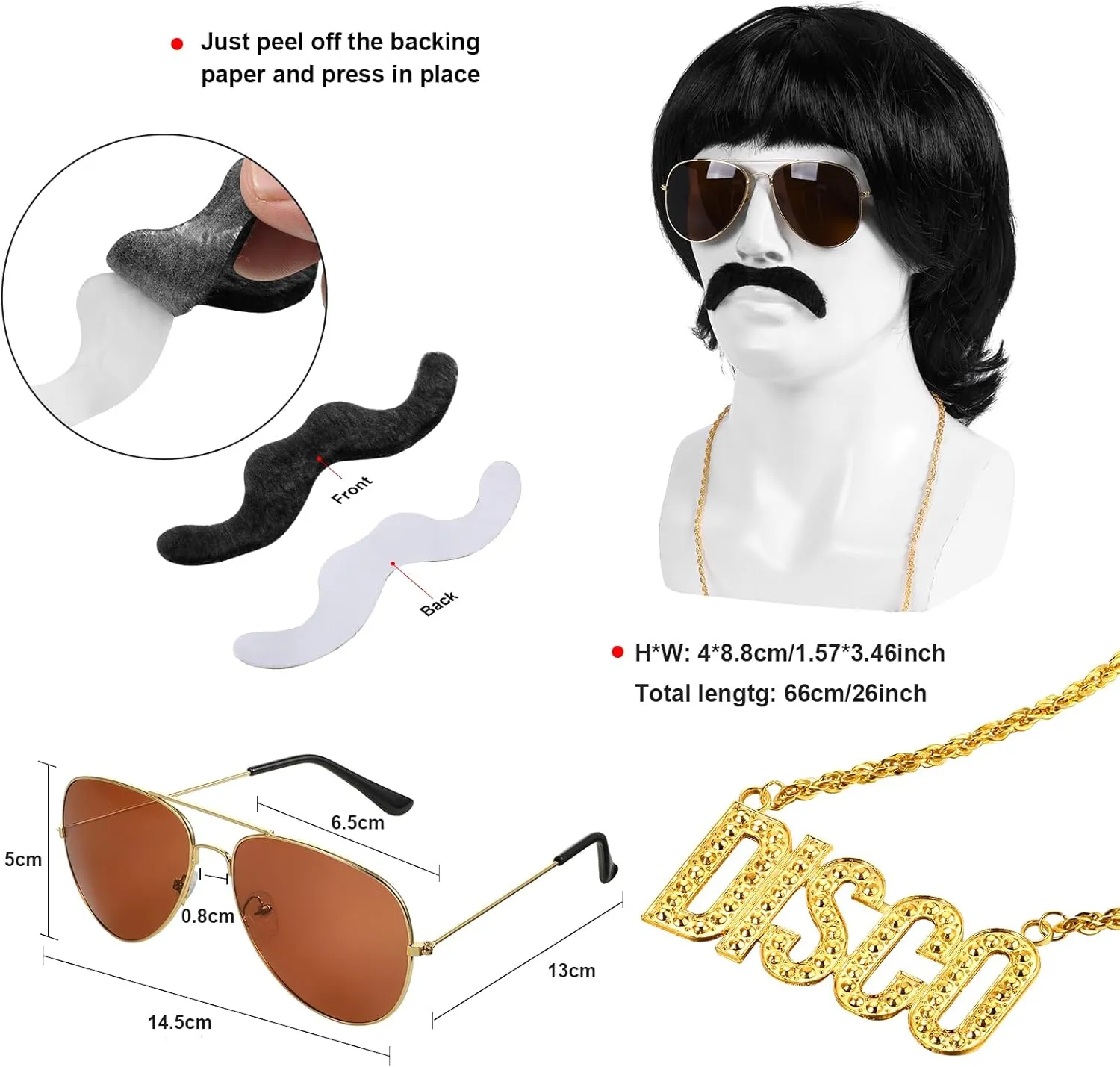 6 PCS Men's 70s Disco Outfit Costume Retro 80s Bell Bottom Pants short Sleeve Shirts Wigs Necklace Moustache Sunglasses