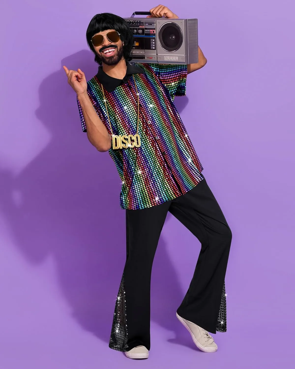 6 PCS Men's 70s Disco Outfit Costume Retro 80s Bell Bottom Pants short Sleeve Shirts Wigs Necklace Moustache Sunglasses
