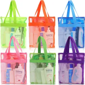 6 Pcs Mesh Shower Caddy Portable Shower Bag with Zipper & 2 Pockets Hanging Toiletry and Bath Organizer for Gym, Swimming, Travel, Camping, College Dorms, Beach(Fluorescent Color)