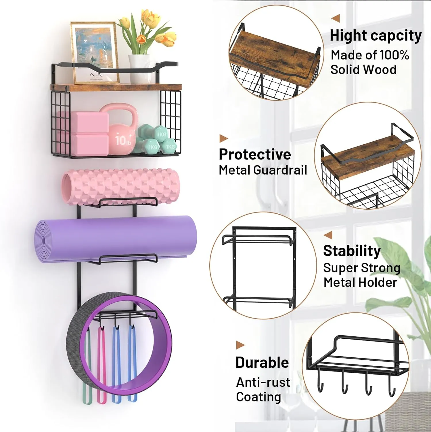 6-Tiers Yoga Mat Holder Wall Mount With Wood Floating Shelves, Yoga Mat Storage Rack Home Gym Accessories with Hooks For Hanging Stretching Strap & Resistance Bands, Yoga Room/Home Gym Decor