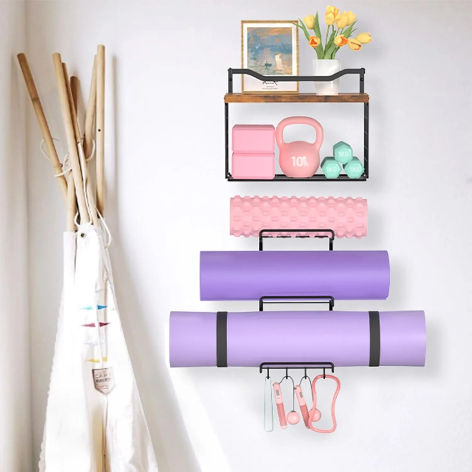 6-Tiers Yoga Mat Holder Wall Mount With Wood Floating Shelves, Yoga Mat Storage Rack Home Gym Accessories with Hooks For Hanging Stretching Strap & Resistance Bands, Yoga Room/Home Gym Decor