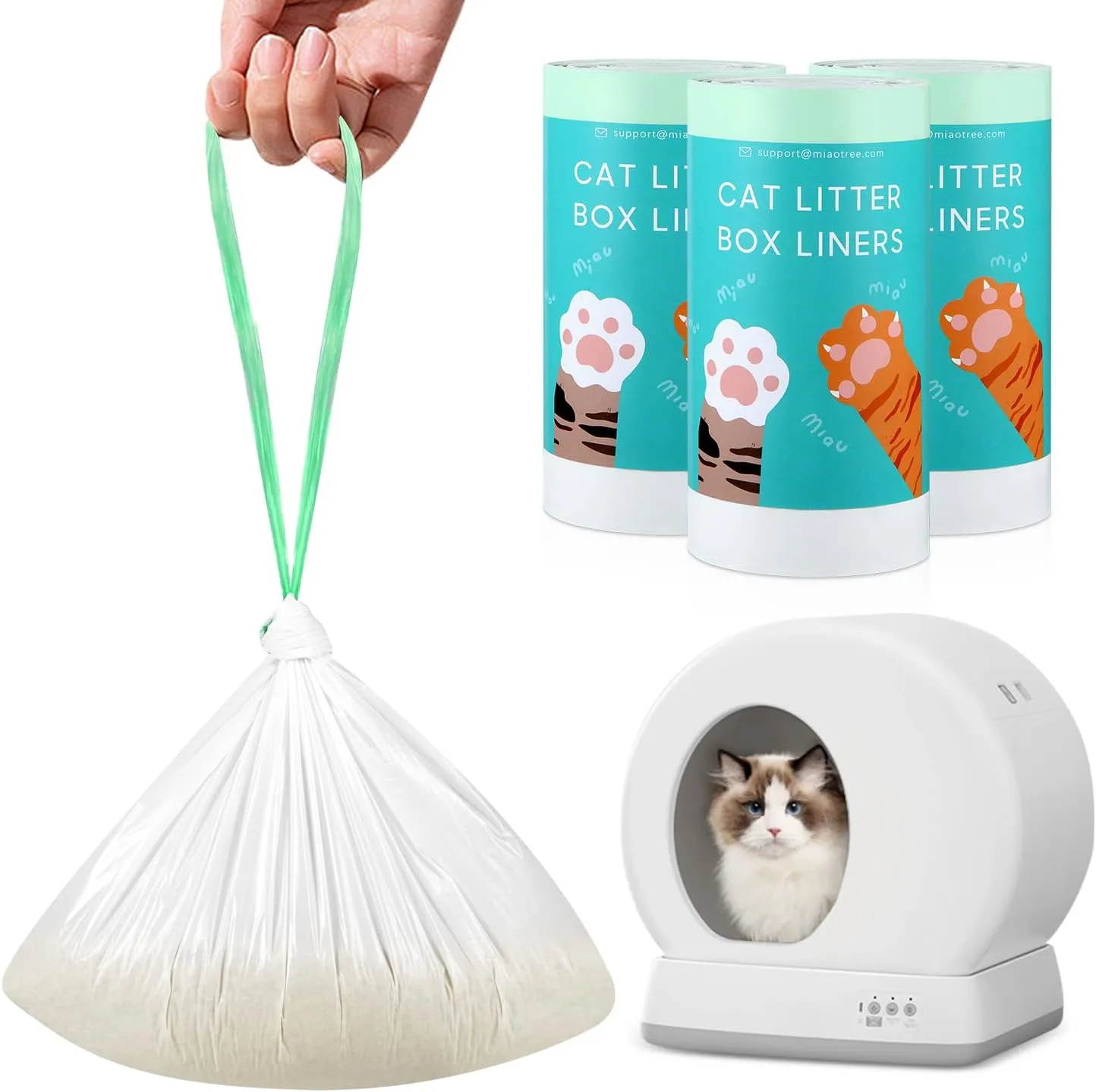 60 Count Self-Cleaning Cat Litter Box Liners Bag Fit For MW-SC01/MW-SC02/MW-LR01, Drawstring Heavy Duty Cat Litter Receptacles Bags Compatible with Automatic Pet Litter Box-18" * 12"