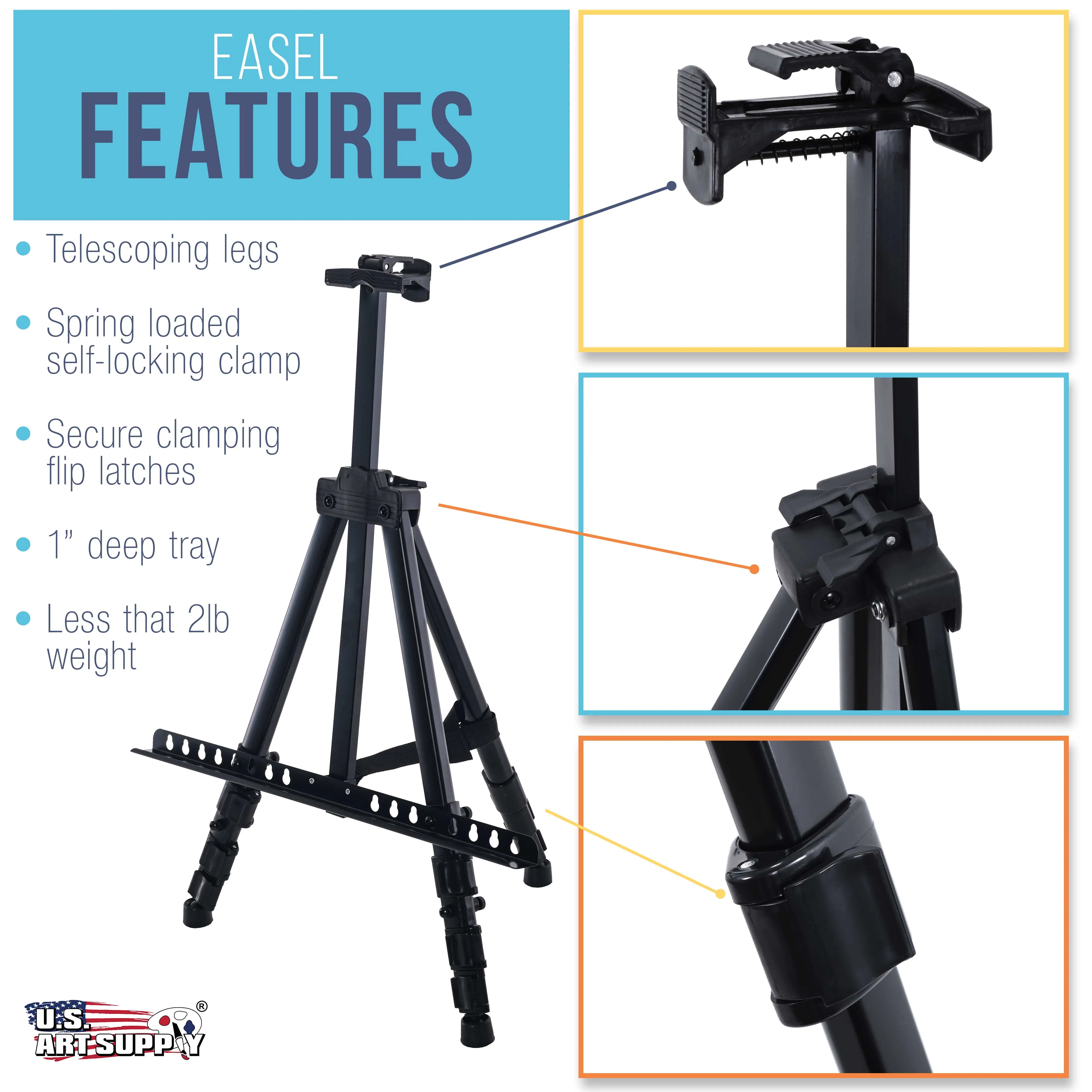 66" Black Metal Tripod Easel Display (2 Pack) - Adjustable 20"- 5.5', Holds 32" Canvas - Floor/Tabletop Easel Stand, For Sign Display, Painting, Poster Board, Canvas - Portable Bag