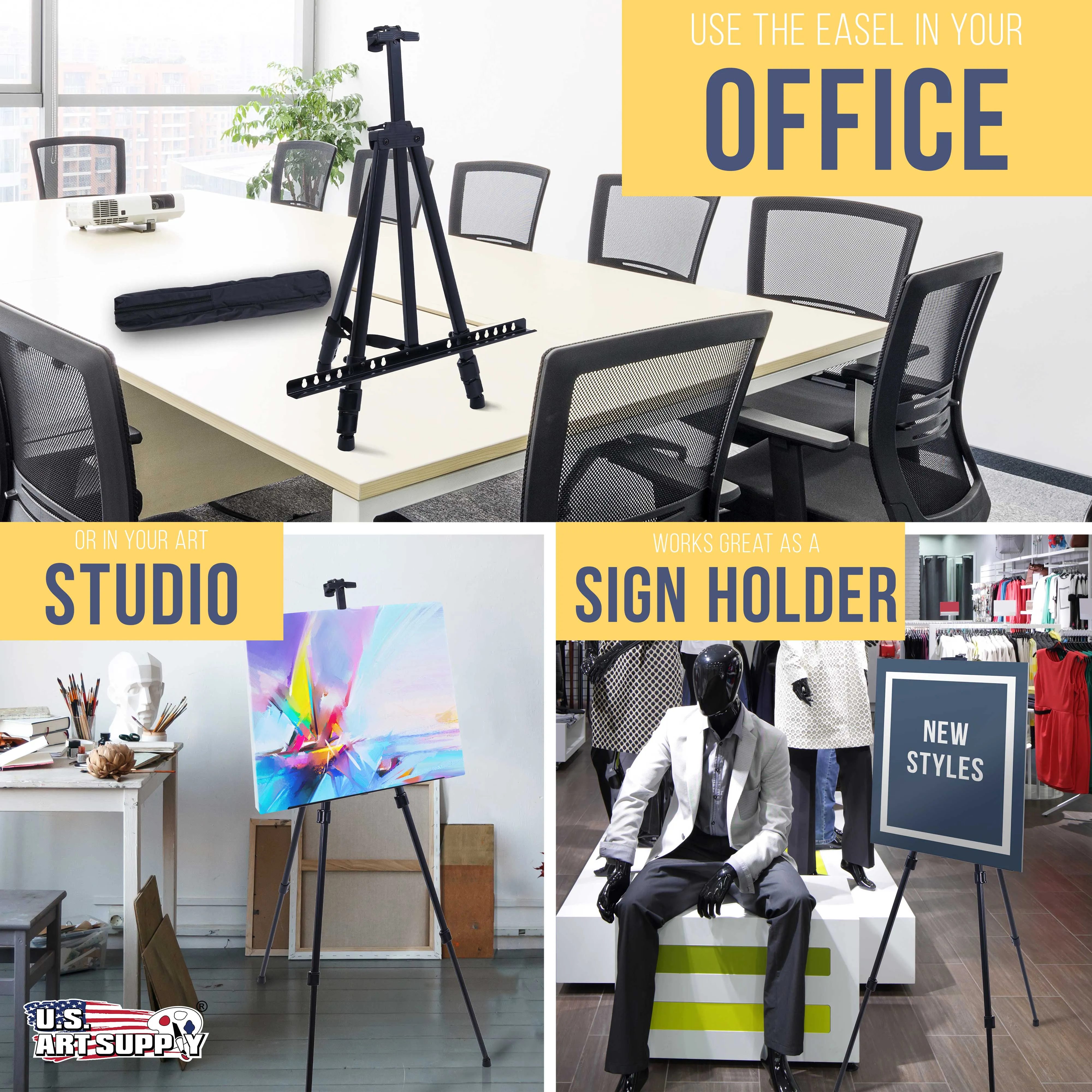66" Black Metal Tripod Easel Display - Adjustable 20"- 5.5', Holds 32" Canvas - Floor/Tabletop Easel Stand, For Sign Display, Painting, Poster Board, Canvas - Portable Bag