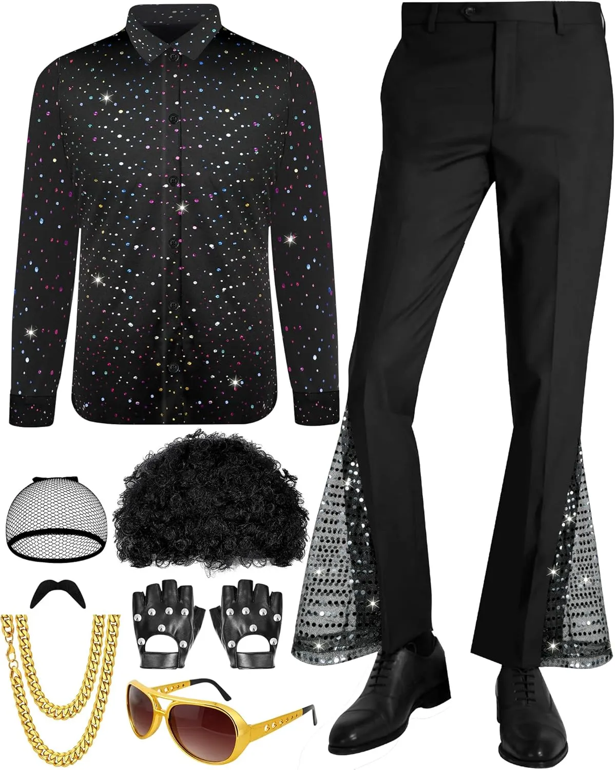 8 Pcs Disco Outfit Men 70s Costume with Retro Sequin Shirt and 80s Bell Bottom Pants, Men's Disco Outfit for Halloween
