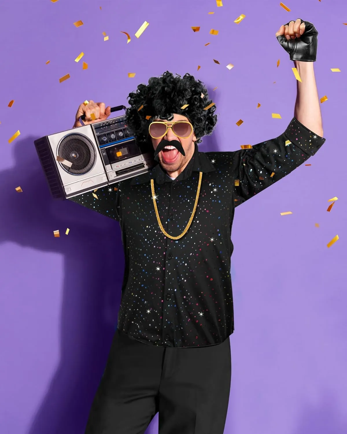 8 Pcs Disco Outfit Men 70s Costume with Retro Sequin Shirt and 80s Bell Bottom Pants, Men's Disco Outfit for Halloween