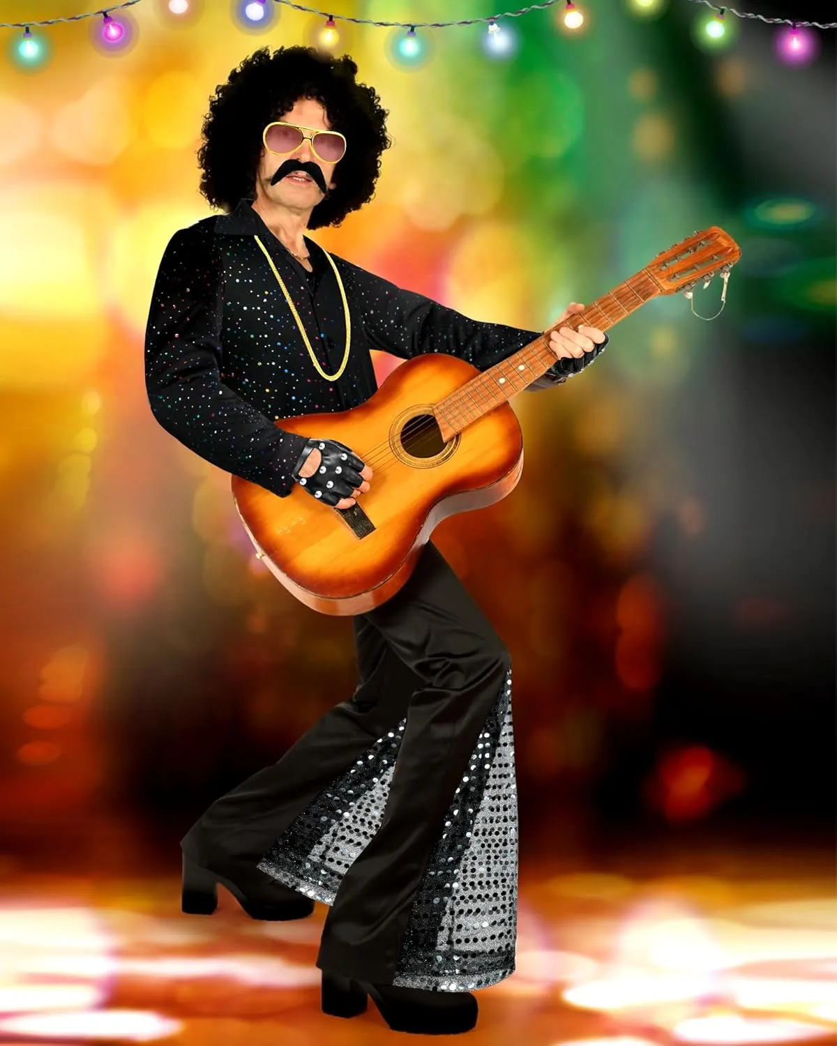 8 Pcs Disco Outfit Men 70s Costume with Retro Sequin Shirt and 80s Bell Bottom Pants, Men's Disco Outfit for Halloween