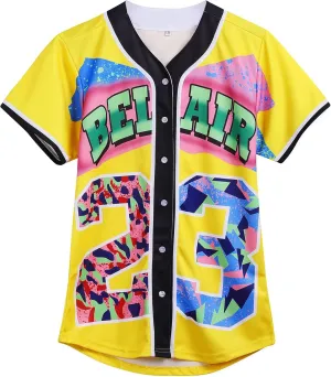 90s Clothing for Women,Unisex Hip Hop Outfit for Party,Bel Air Baseball Jersey,Short Sleeve Button Down Shirt