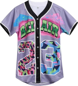 90s Clothing for Women,Unisex Hip Hop Outfit for Party,Bel Air Baseball Jersey,Short Sleeve Button Down Shirt
