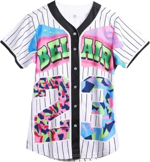 90s Clothing for Women,Unisex Hip Hop Outfit for Party,Bel Air Baseball Jersey,Short Sleeve Button Down Shirt
