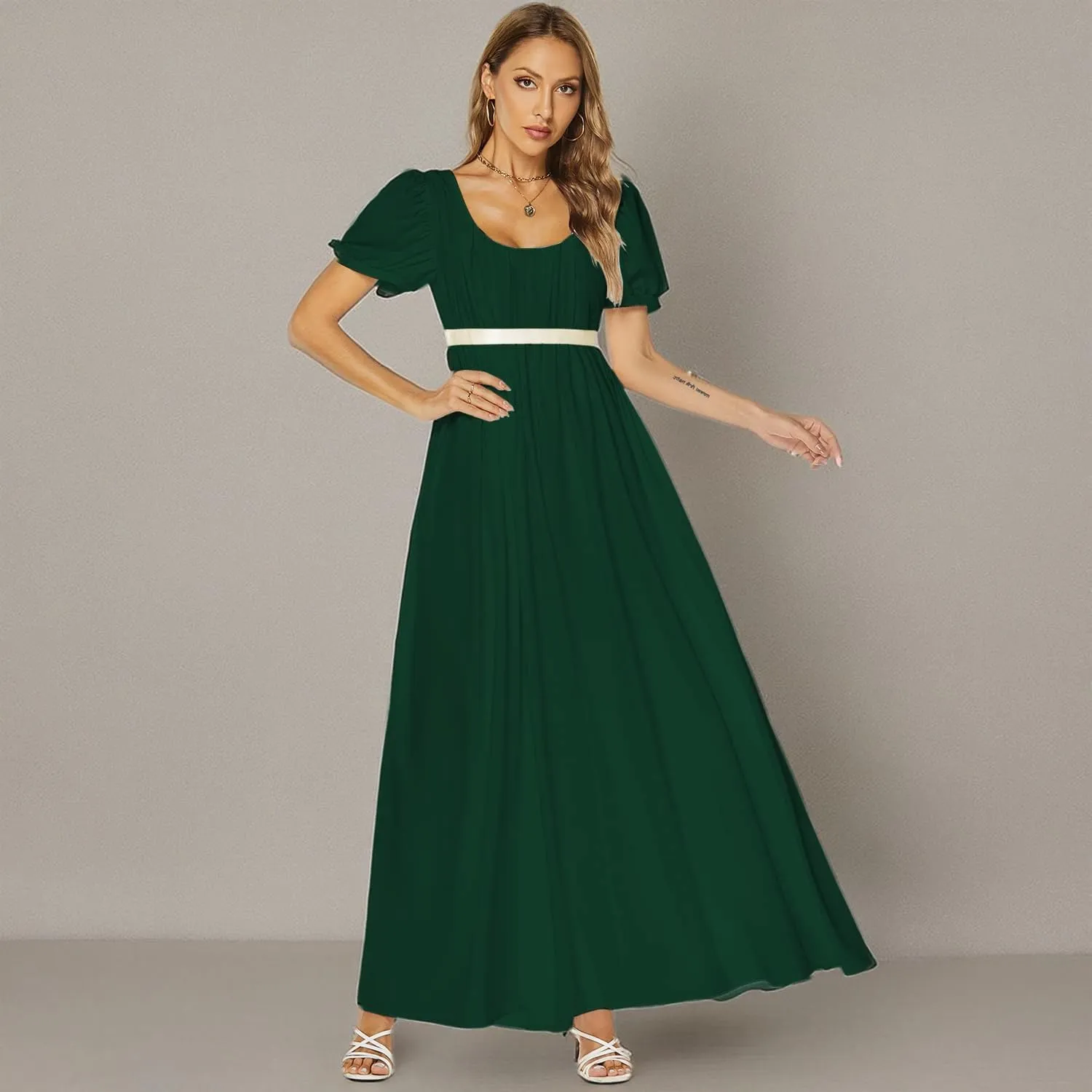Abaowedding Regency Dresses for Women Victorian Tea Gown Dress with Satin Sash Vintage Ball Gown Ruffle Puff Sleeve