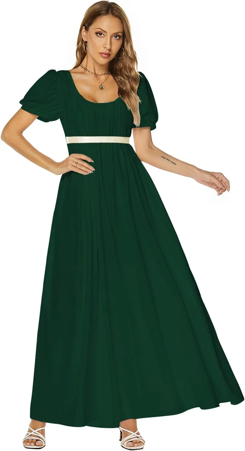Abaowedding Regency Dresses for Women Victorian Tea Gown Dress with Satin Sash Vintage Ball Gown Ruffle Puff Sleeve