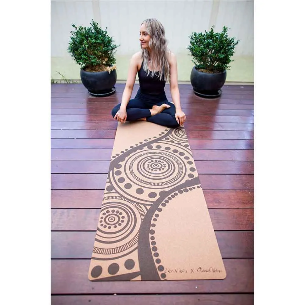 Aboriginal Art Cork Yoga Mat with Rubber Back | Flowing Rivers - Brown | 5mm