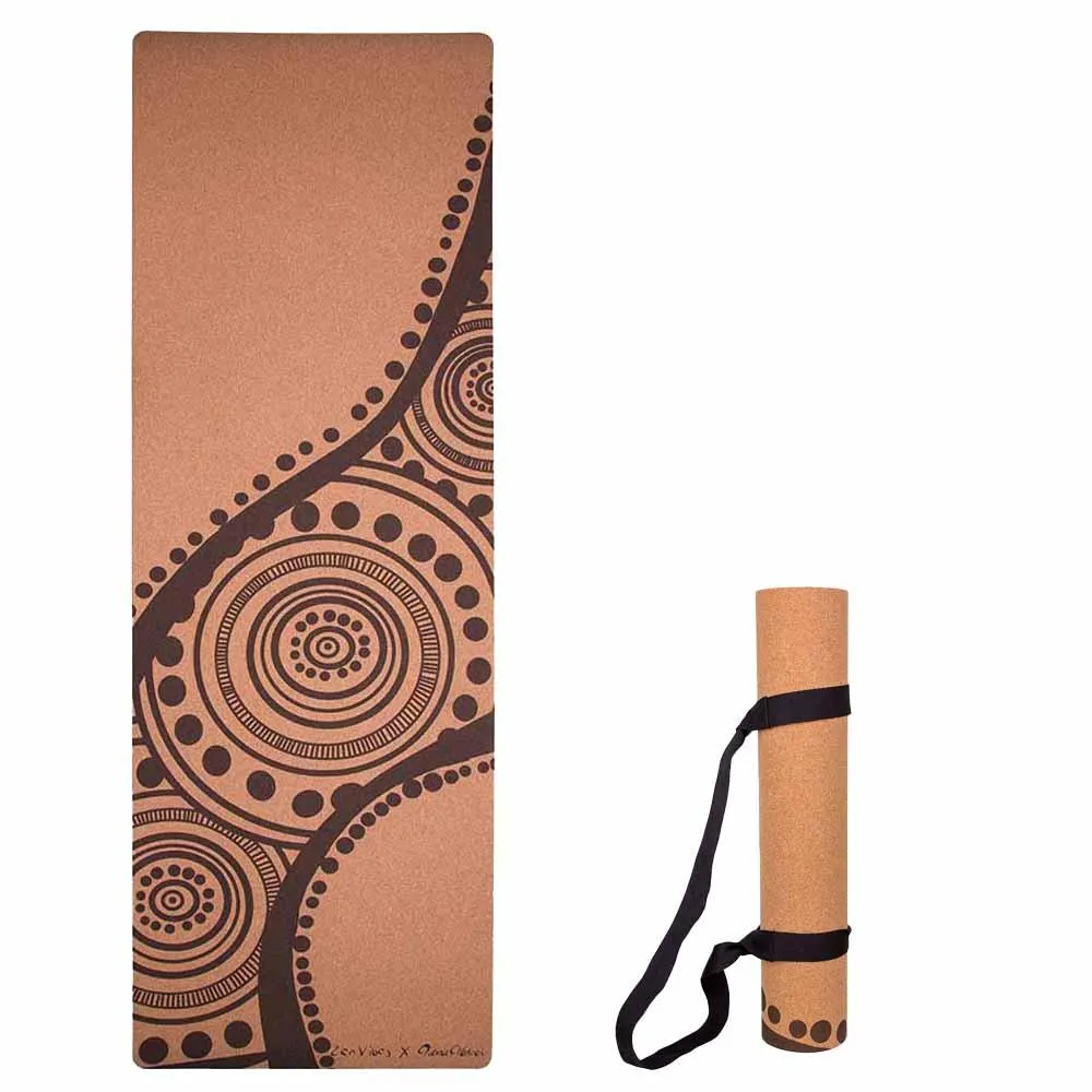 Aboriginal Art Cork Yoga Mat with Rubber Back | Flowing Rivers - Brown | 5mm