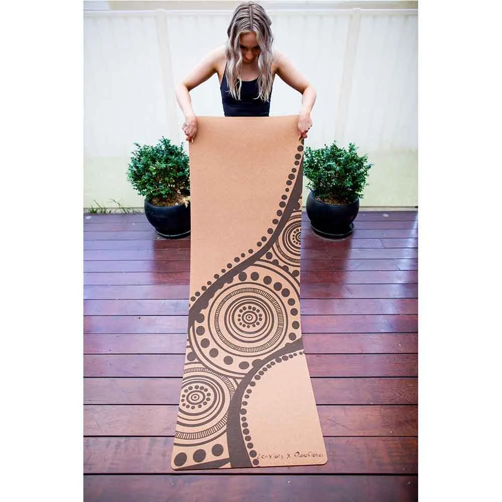 Aboriginal Art Cork Yoga Mat with Rubber Back | Flowing Rivers - Brown | 5mm