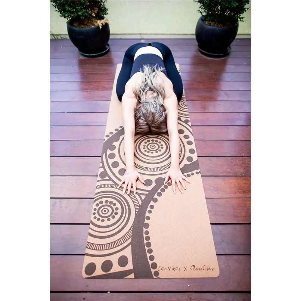 Aboriginal Art Cork Yoga Mat with Rubber Back | Flowing Rivers - Brown | 5mm