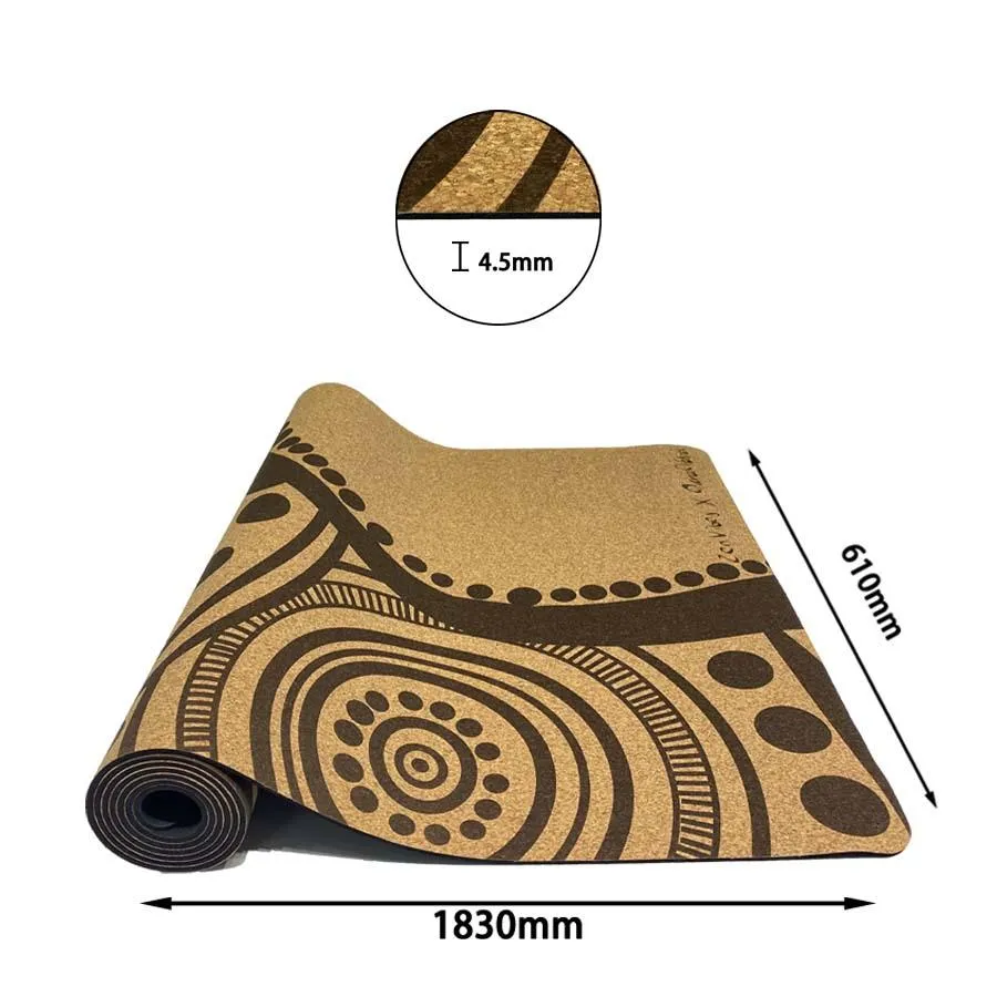 Aboriginal Art Cork Yoga Mat with Rubber Back | Flowing Rivers - Brown | 5mm