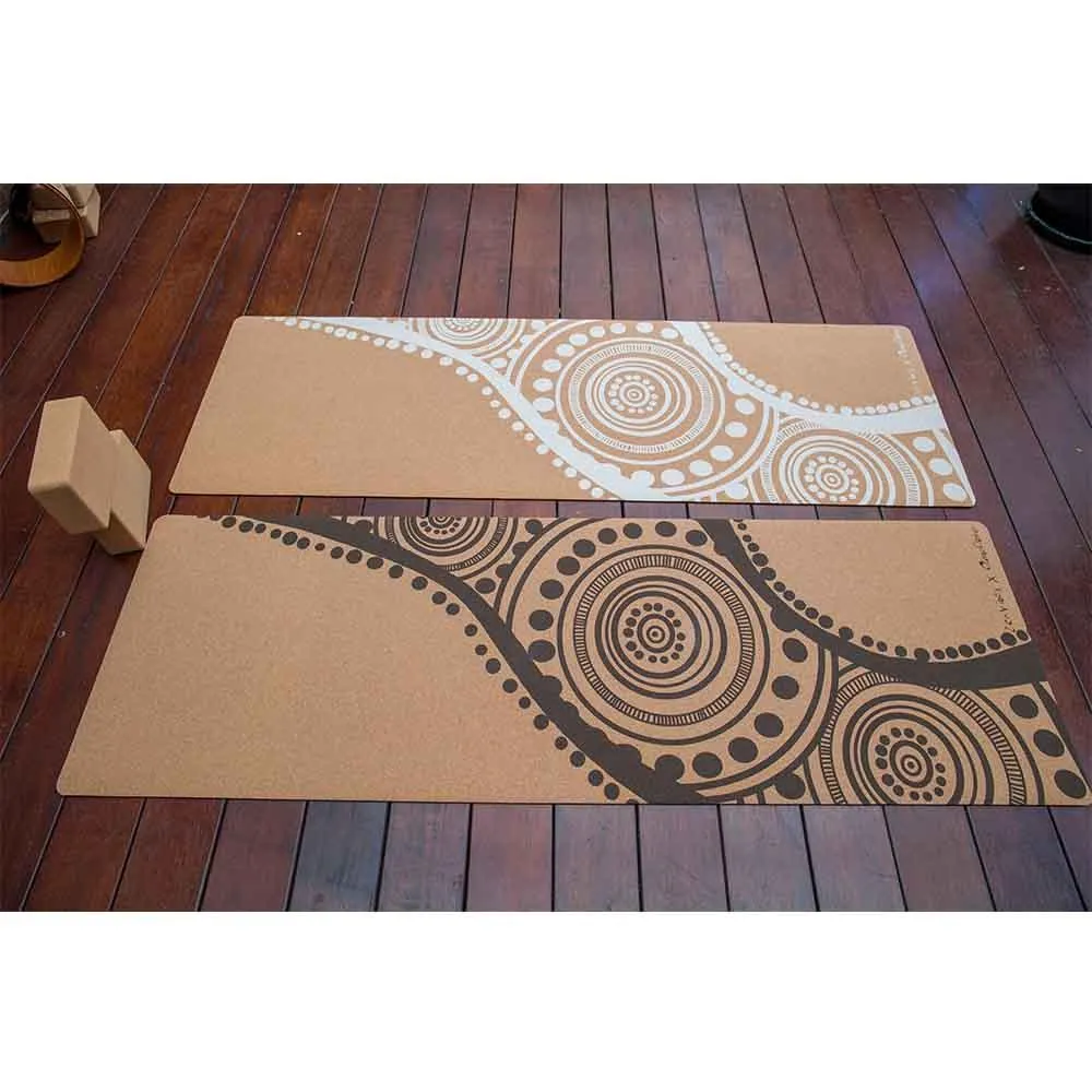 Aboriginal Art Cork Yoga Mat with Rubber Back | Flowing Rivers - Brown | 5mm