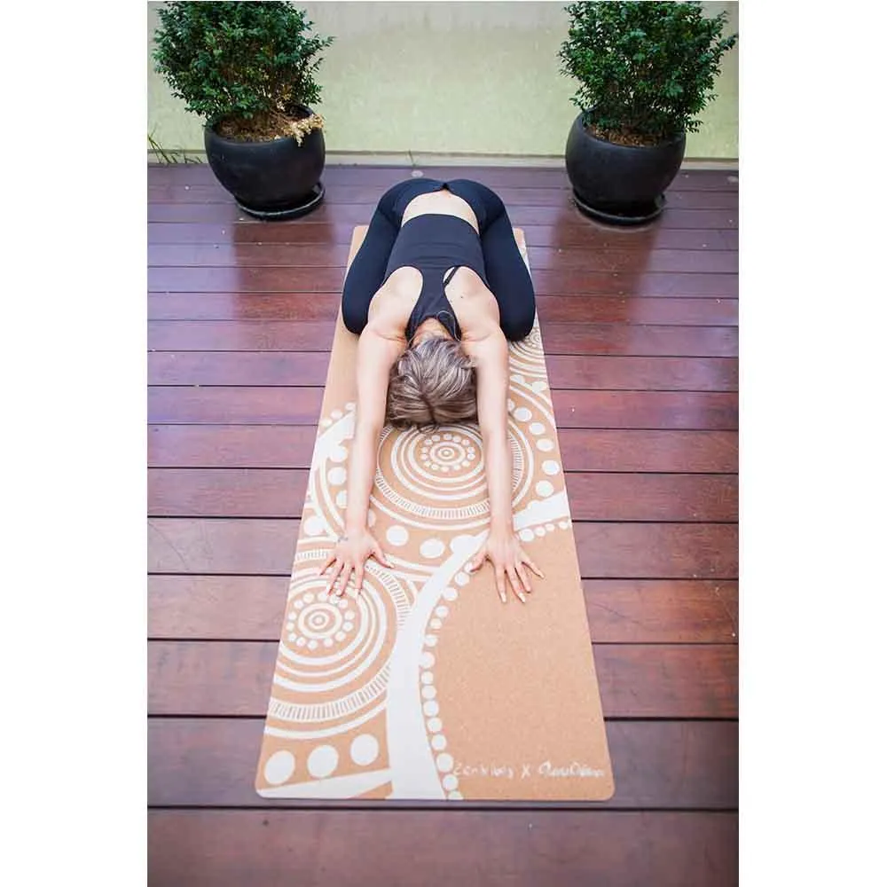 Aboriginal Art Cork Yoga Mat with Rubber Back | Flowing Rivers - White | 5mm