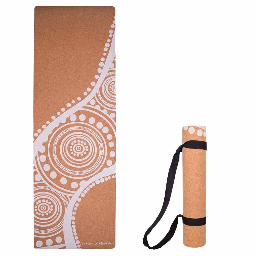 Aboriginal Art Cork Yoga Mat with Rubber Back | Flowing Rivers - White | 5mm