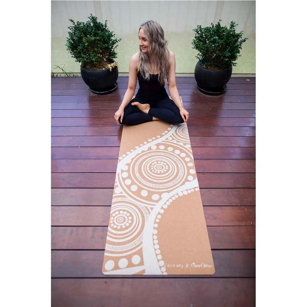 Aboriginal Art Cork Yoga Mat with Rubber Back | Flowing Rivers - White | 5mm