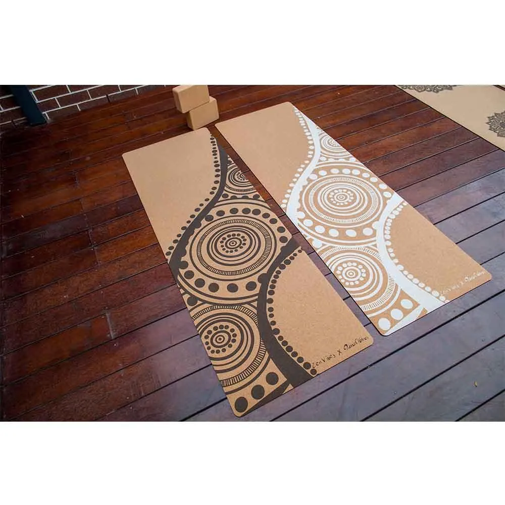 Aboriginal Art Cork Yoga Mat with Rubber Back | Flowing Rivers - White | 5mm