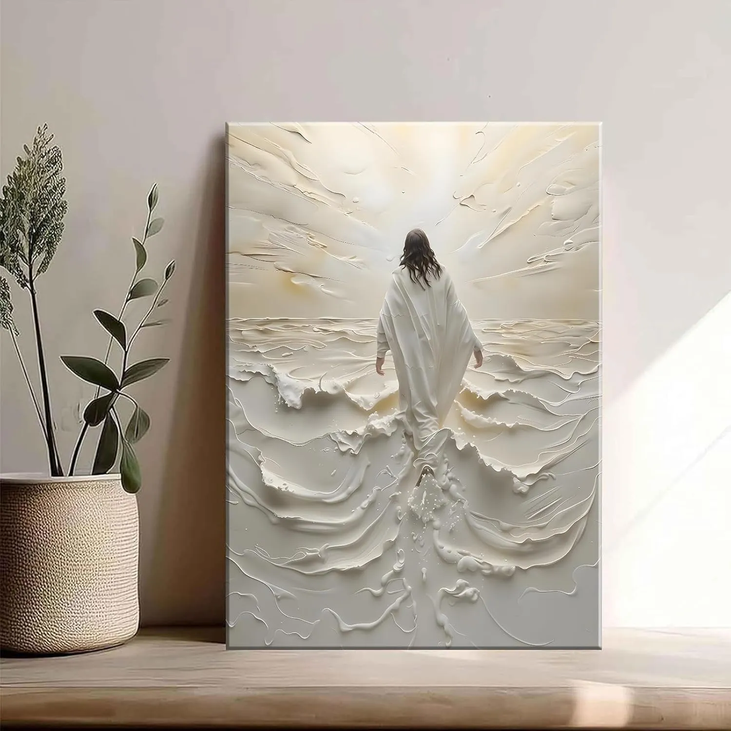 Abstract Jesus Walking on Water Canvas Wall Art Christian Spiritual Wall Decor Pictures Divine Light Modern Religious Posters Prints for Living Room Bedroom Church Decoration 12x16in