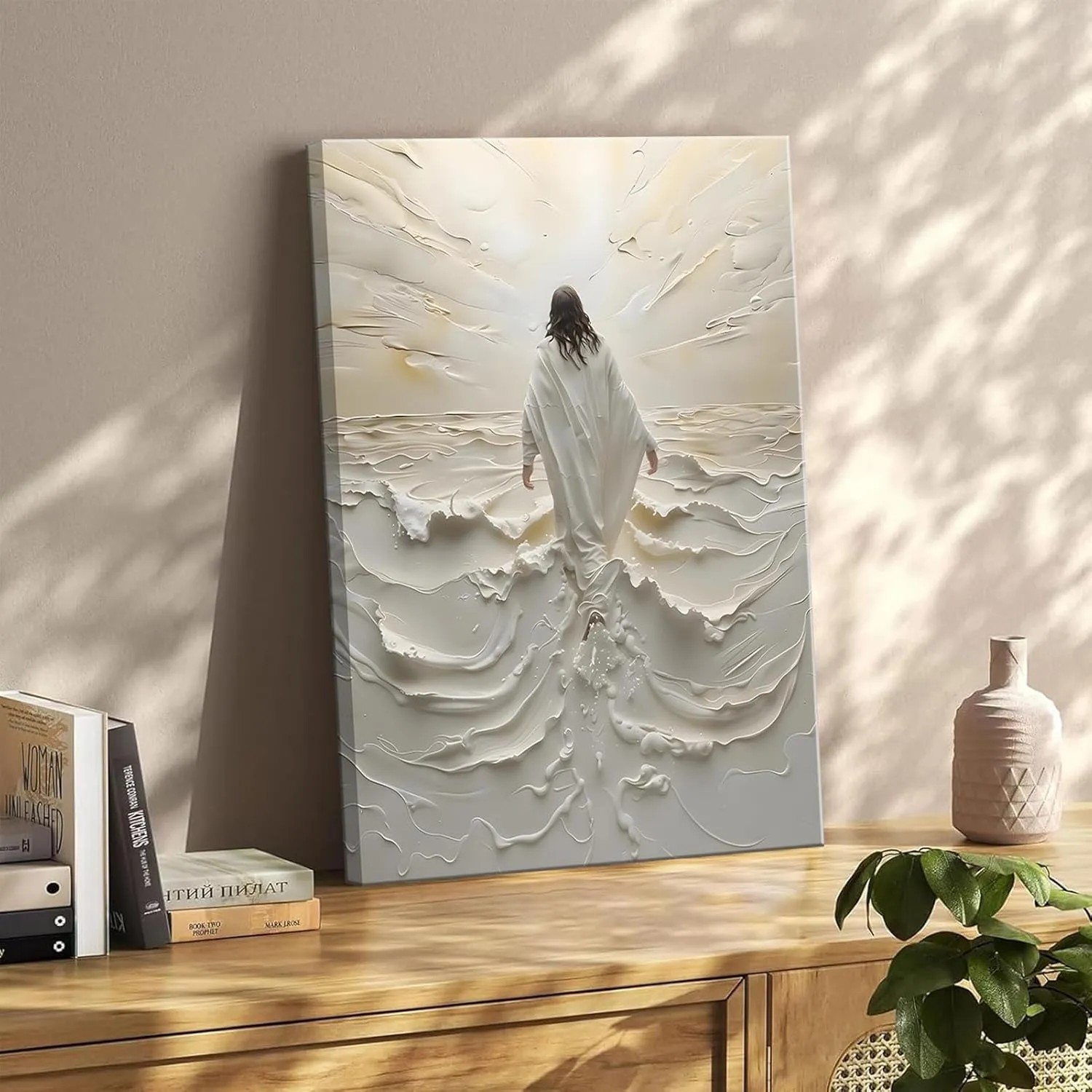 Abstract Jesus Walking on Water Canvas Wall Art Christian Spiritual Wall Decor Pictures Divine Light Modern Religious Posters Prints for Living Room Bedroom Church Decoration 12x16in