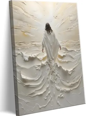 Abstract Jesus Walking on Water Canvas Wall Art Christian Spiritual Wall Decor Pictures Divine Light Modern Religious Posters Prints for Living Room Bedroom Church Decoration 12x16in