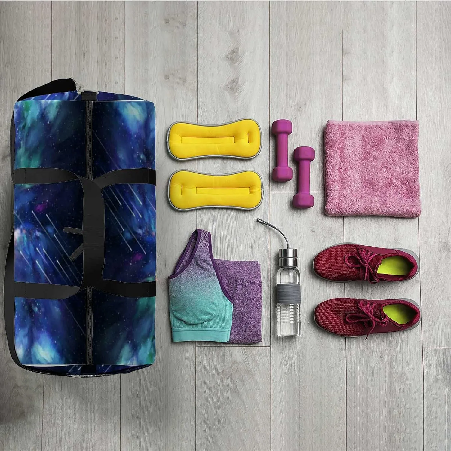 Abstract Silhouette Woman Standing Water Reflection Sports Duffel Bag Travel Gym Tote Bags Lightweight Durable Shoulder Strap Waterproof Polyester Outside Mesh Pocket Overnight Trip Duffel Bag for Women Men