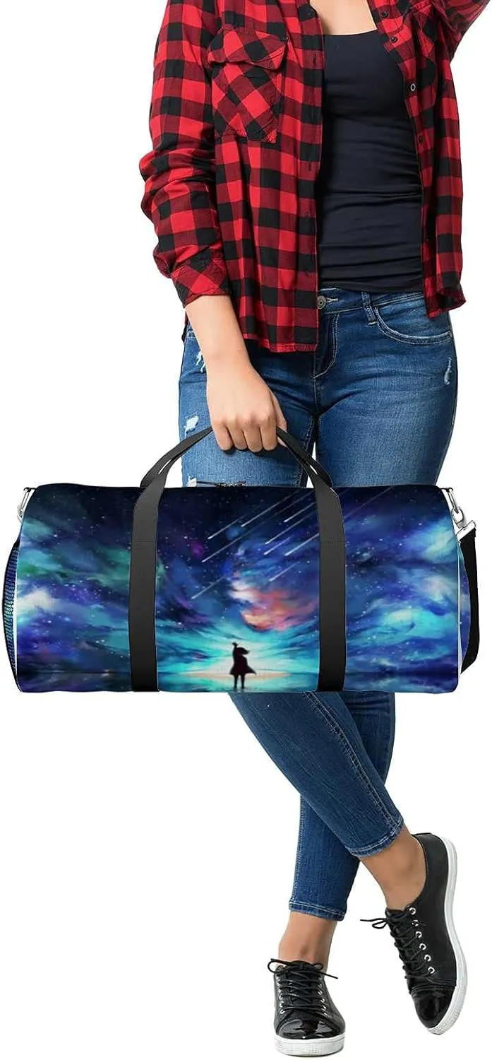 Abstract Silhouette Woman Standing Water Reflection Sports Duffel Bag Travel Gym Tote Bags Lightweight Durable Shoulder Strap Waterproof Polyester Outside Mesh Pocket Overnight Trip Duffel Bag for Women Men