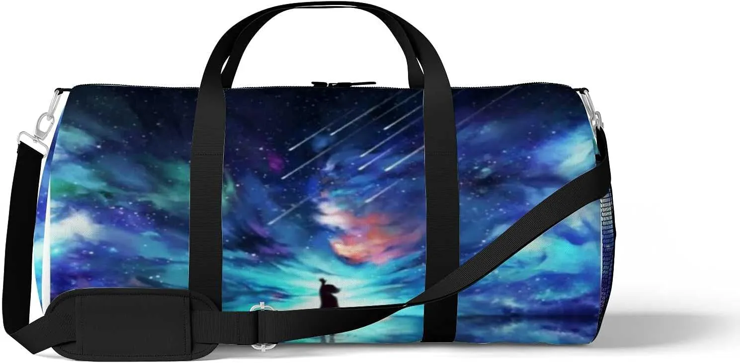 Abstract Silhouette Woman Standing Water Reflection Sports Duffel Bag Travel Gym Tote Bags Lightweight Durable Shoulder Strap Waterproof Polyester Outside Mesh Pocket Overnight Trip Duffel Bag for Women Men