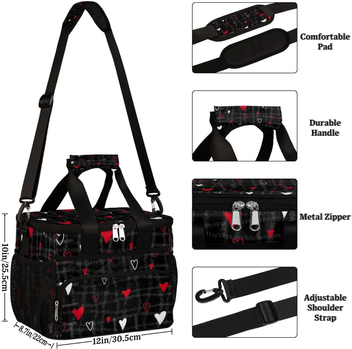 Abstraction Love Hearts Insulated Lunch Bag for Women Men Large Adult Leakproof Lunch Box with Adjustable Shoulder Strap Reusable Cooler Tote Bag for Work Office Picnic Beach
