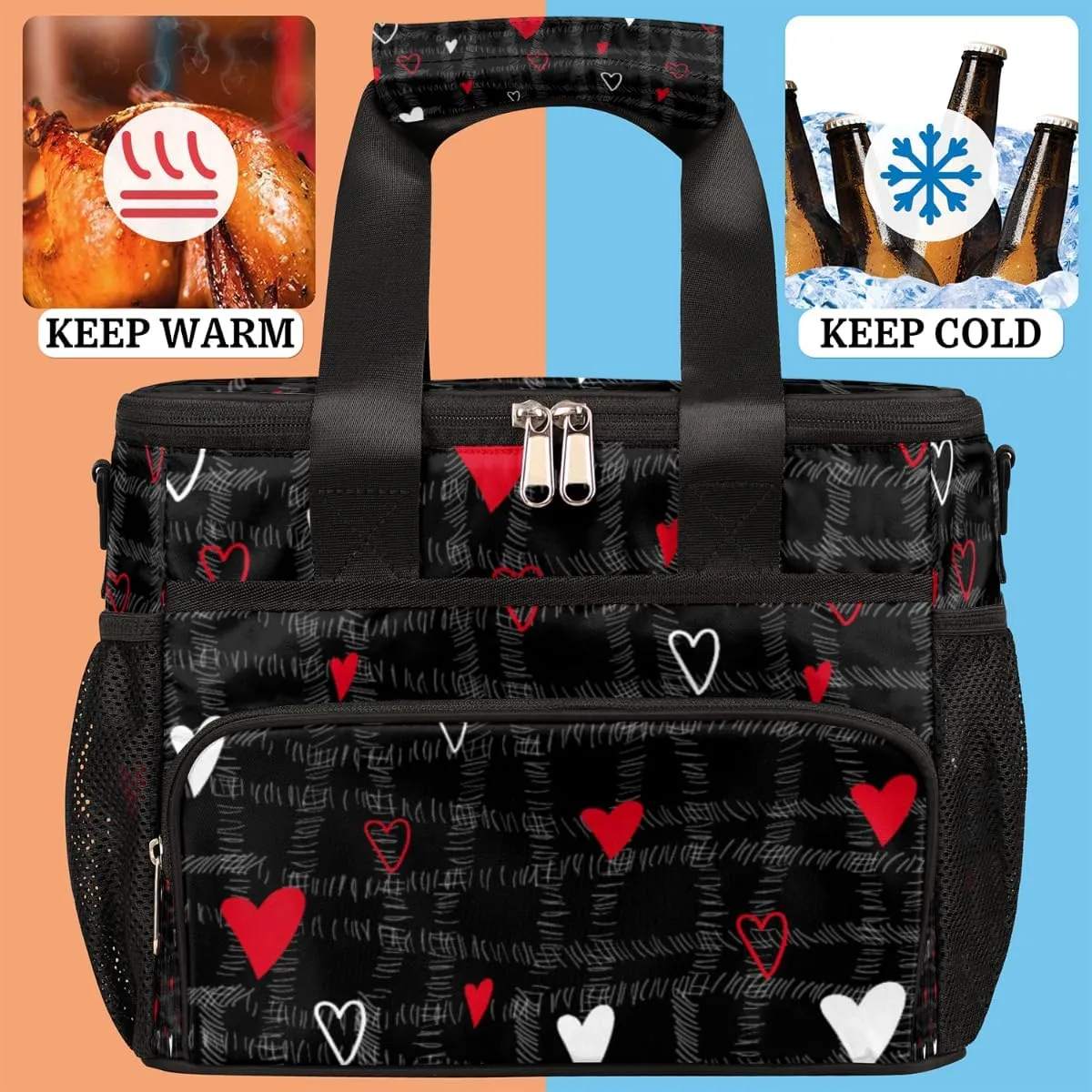 Abstraction Love Hearts Insulated Lunch Bag for Women Men Large Adult Leakproof Lunch Box with Adjustable Shoulder Strap Reusable Cooler Tote Bag for Work Office Picnic Beach