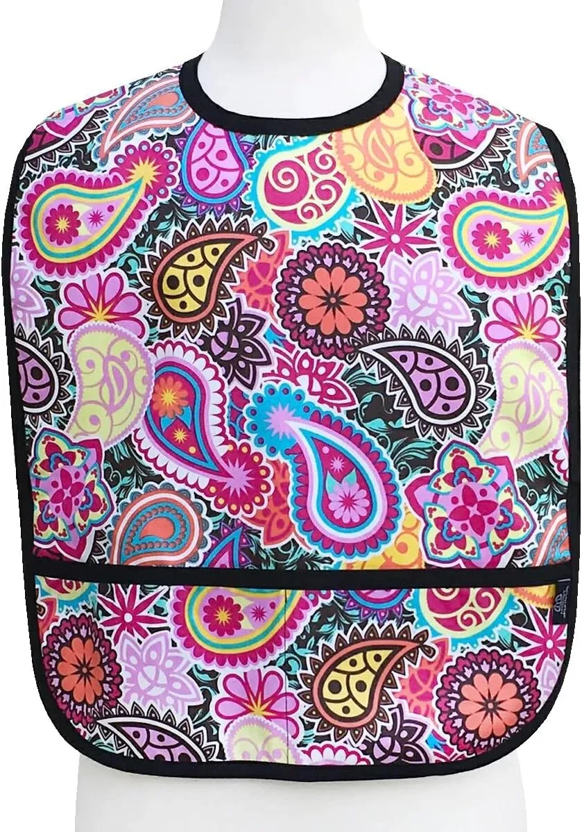 Adult Clothing Protector Bib with Front Pockets (Paisley Medallion) Cooking, Baking, Grilling, Crafting, Gardening, Pet Grooming, 100% cotton, exclusive stain and water repellent.