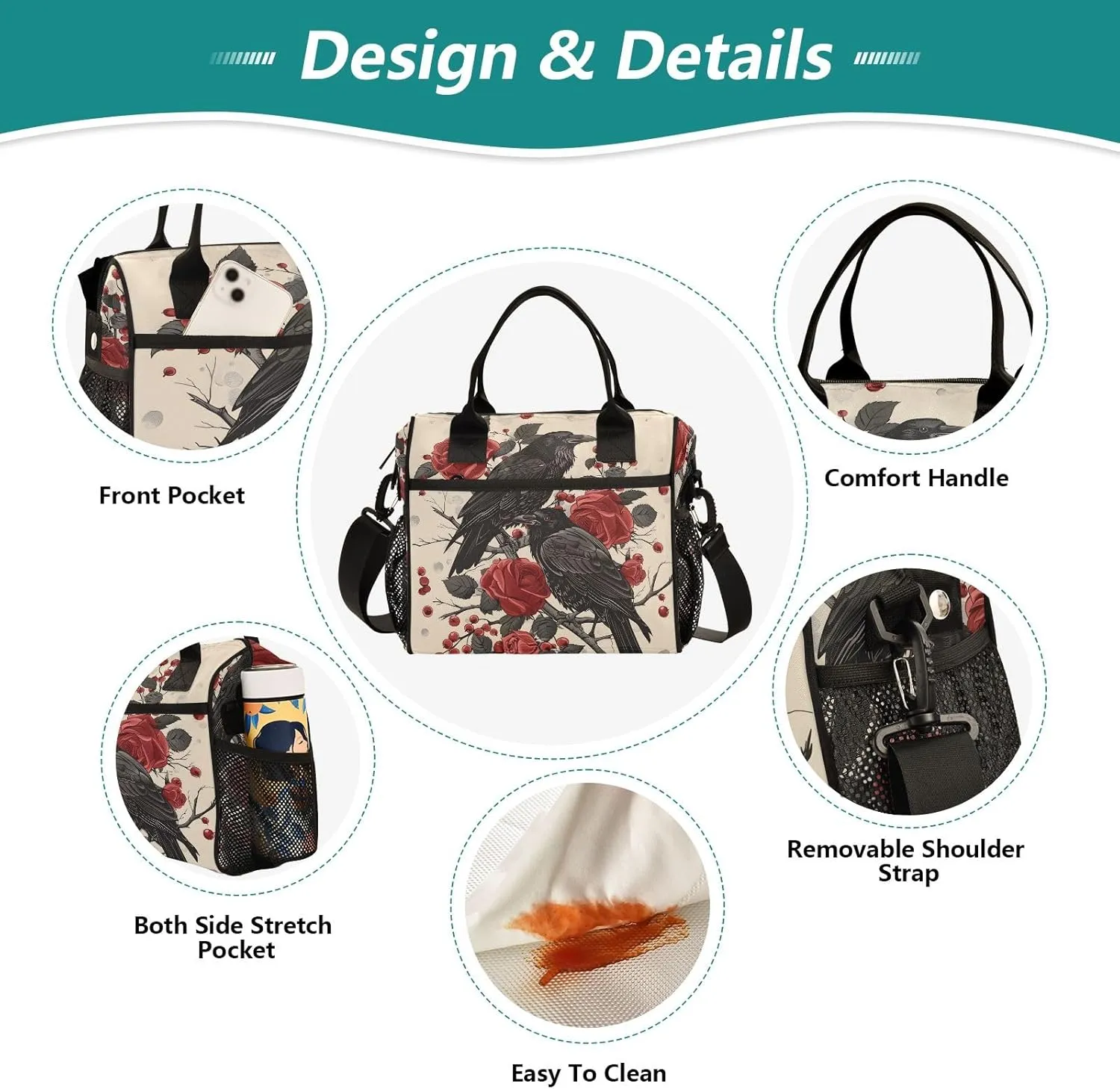 Adult Lunch Box Insulated Lunch Bag Crows in Red Roses Large Cooler Tote Bag for Work Picnic or Travel with Adjustable Shoulder Strap