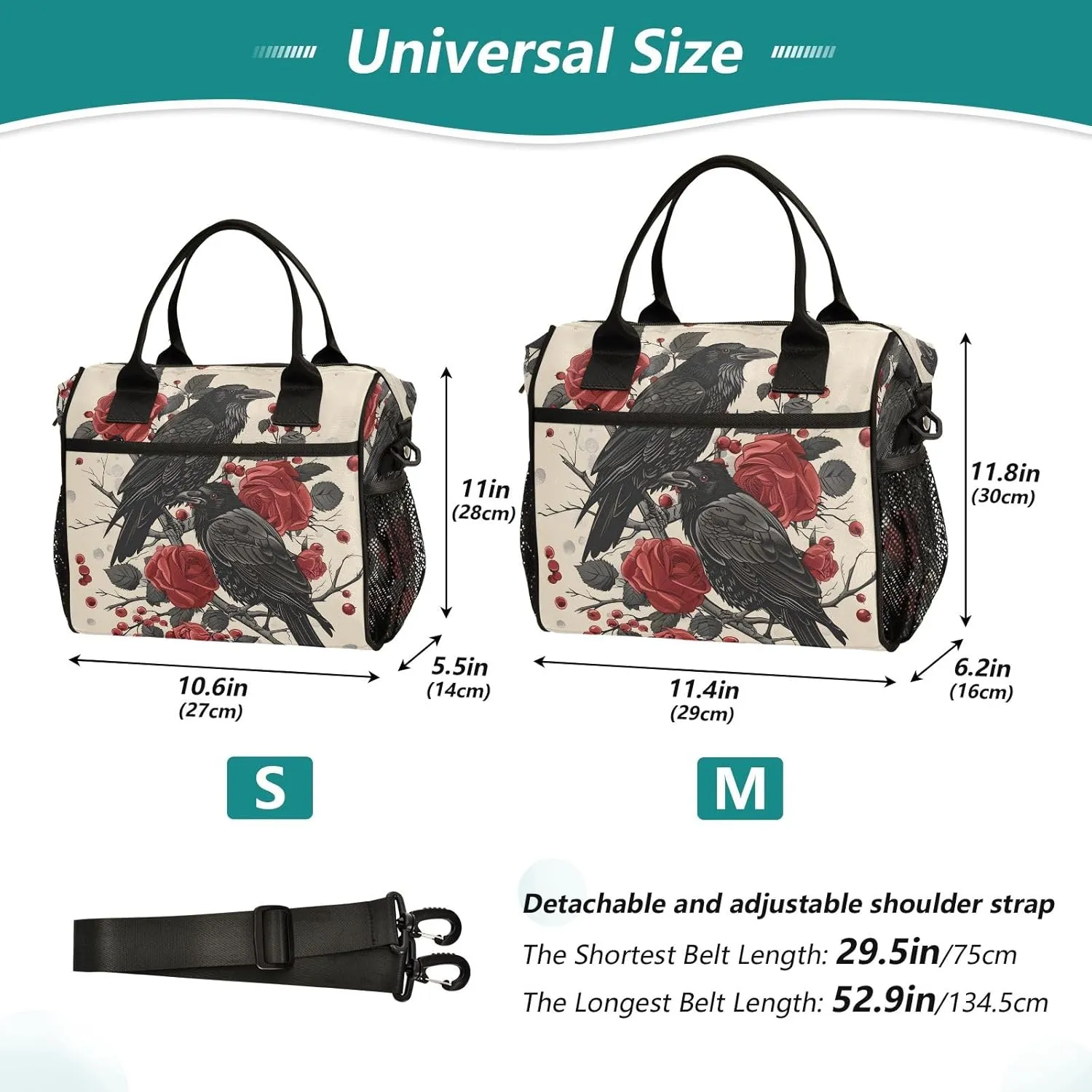 Adult Lunch Box Insulated Lunch Bag Crows in Red Roses Large Cooler Tote Bag for Work Picnic or Travel with Adjustable Shoulder Strap