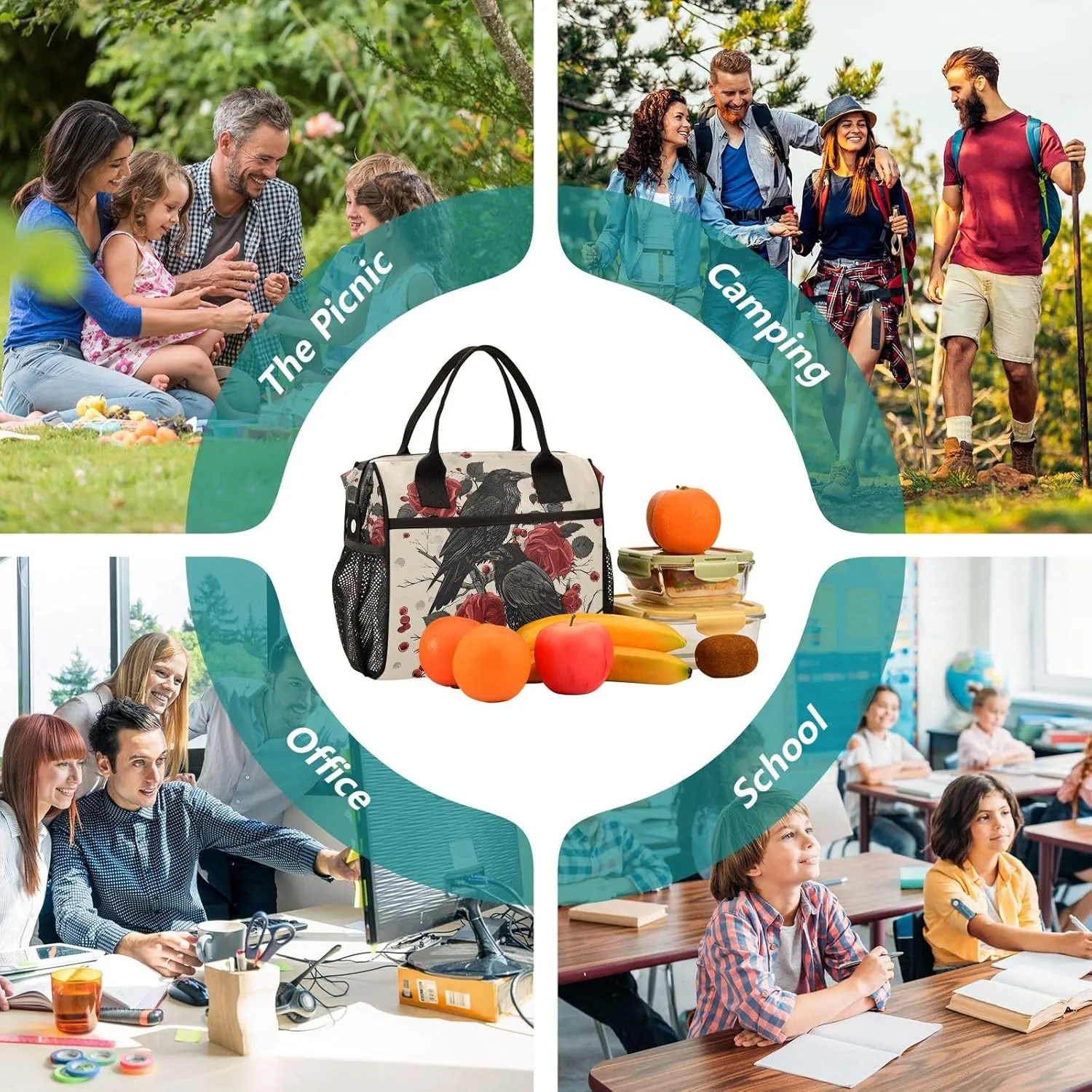Adult Lunch Box Insulated Lunch Bag Crows in Red Roses Large Cooler Tote Bag for Work Picnic or Travel with Adjustable Shoulder Strap