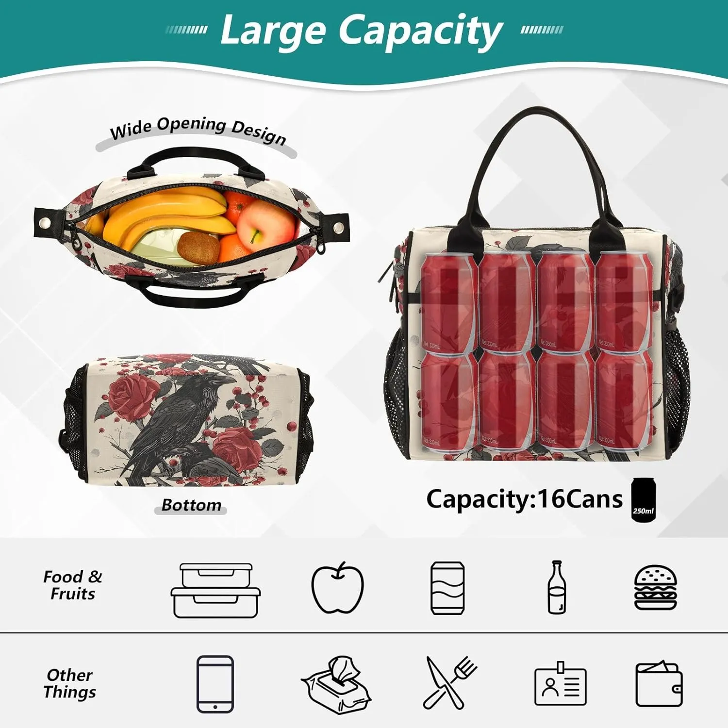 Adult Lunch Box Insulated Lunch Bag Crows in Red Roses Large Cooler Tote Bag for Work Picnic or Travel with Adjustable Shoulder Strap